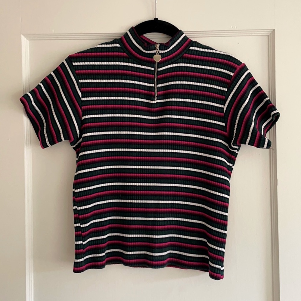 Vintage 80s Ribbed Striped Mock Neck Heart Zipper Tee